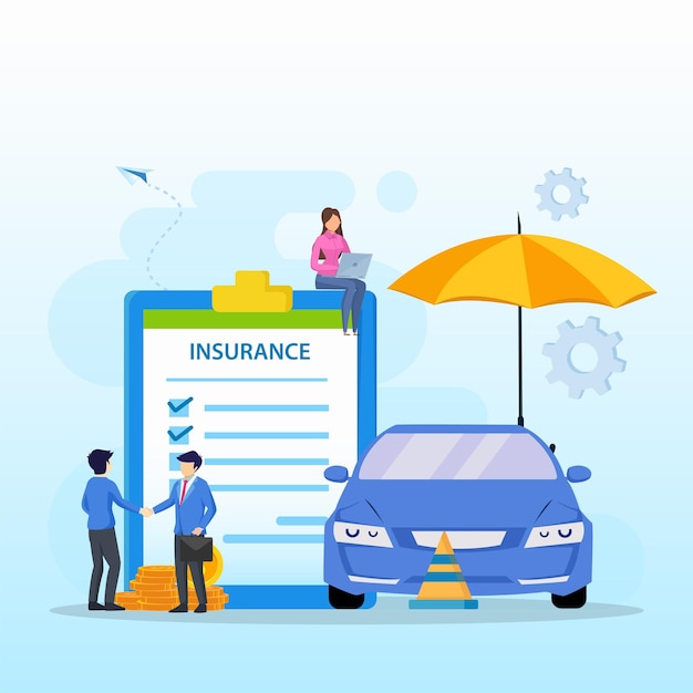 Vecteur formulaire de police d'assurance automobile avec parapluie agent d'assurance dommages de protection ou vecteur de collision