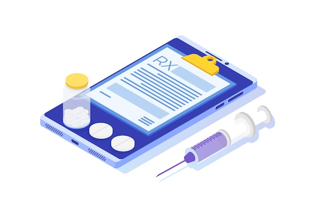 Formulaire de prescription RX sur bloc-notes sur smartphone. Concept de clinique en ligne.