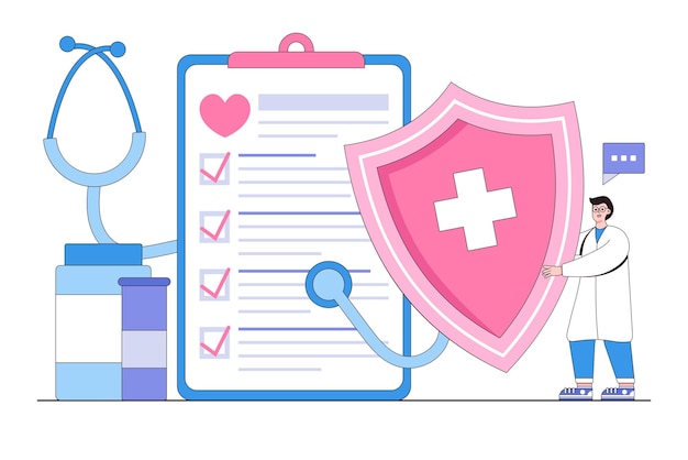 Formulaire de réclamation d'assurance maladie plat et concept de bouclier de protection Illustration vectorielle minimale de style de conception de contour pour les images de héros d'infographie de bannière web de page de destination