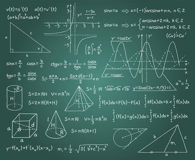 Formules mathématiques Arrière-plan du tableau de craie avec des fonctions et des dessins de graphiques algébriques et géométriques Doodles Calcul mathématique manuscrit Leçon de trigonométrie Science exacte vectorielle