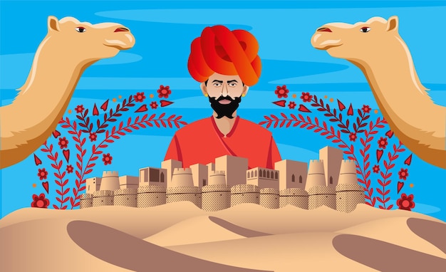 fort du rajasthan avec un homme culturel et un collage de chameaux