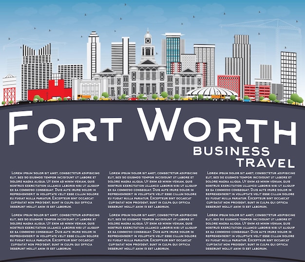 Fort Worth Skyline Avec Bâtiments Gris, Ciel Bleu Et Espace De Copie. Illustration Vectorielle. Concept De Voyage D'affaires Et De Tourisme à L'architecture Moderne. Image Pour La Bannière De Présentation Et Le Site Web.