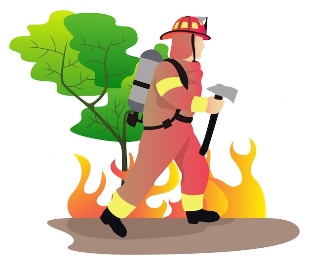 Vecteur forte lutte des pompiers avec un incendie dans la forêt, utilisez une grosse pulvérisation d'eau du tuyau de prise d'eau