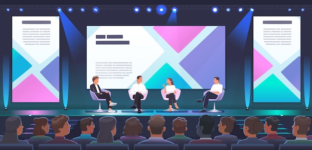 Forum de la conférence Les panélistes discutent du sujet lors de la réunion de la grande salle de conférence des conférenciers de l'événement