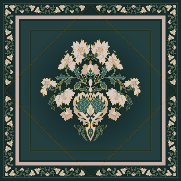 Vecteur foulard en soie verte avec fleurs et cadre doré conception vectorielle pour un foulard