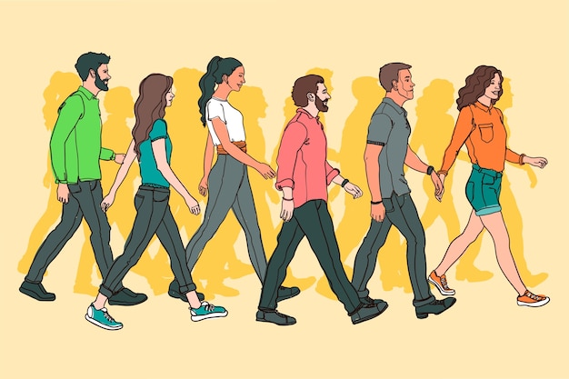 Foule dessinée à la main de personnes marchant illustration