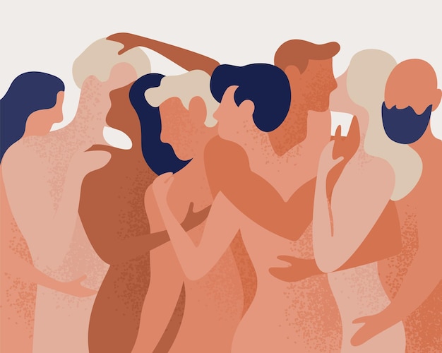 Vecteur foule d'hommes et de femmes nus s'embrassant et s'embrassant. concept de polygamie, polyamour, relation amoureuse intime et sexuelle ouverte, amour libre. illustration vectorielle colorée dans un style cartoon plat.