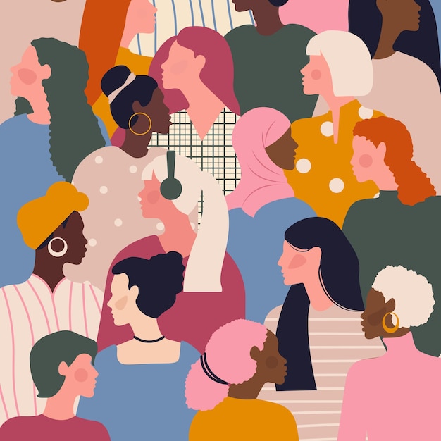 Foule de jeunes femmes dans des vêtements hipster à la mode, bonne journée de la femme
