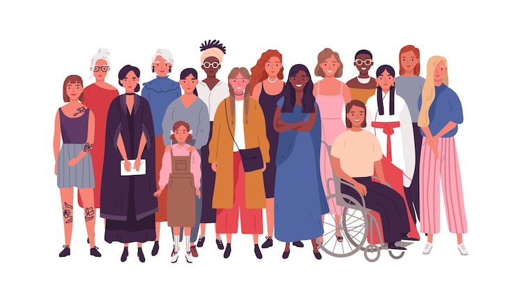 Vecteur foule de joyeuse femme multinationale debout ensemble illustration vectorielle plate. femme diversifiée souriante isolée sur fond blanc. heureux adulte multiethnique et jeune femme. société ou population.