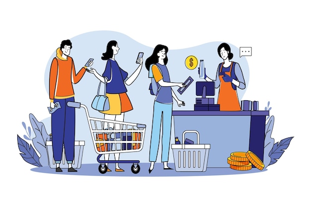 Foule de personnes utilisant des gadgets faisant la queue à la caisse dans un supermarché