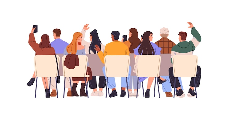 Vecteur la foule s'assoit écoute une conférence de formation en affaires vue arrière les gens sont sur des chaises les mains en l'air pour poser des questions au séminaire le public de la conférence est sur des sièges illustration de vecteur isolé plat sur fond blanc