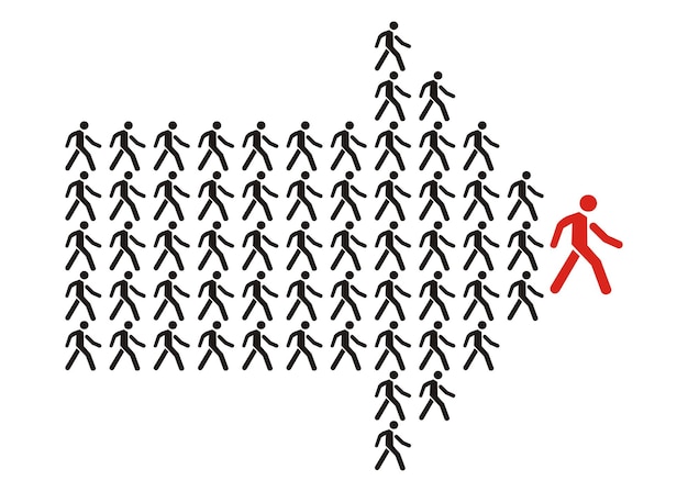 La foule des travailleurs suit le chef d'équipe