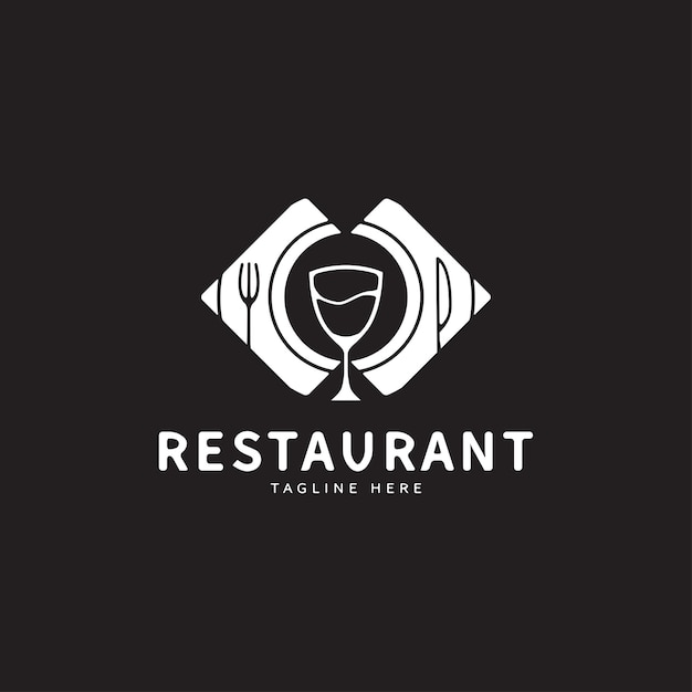Vecteur fourchette à assiette en verre à vin et cuillère à manger inspiration de conception de logo de restaurant
