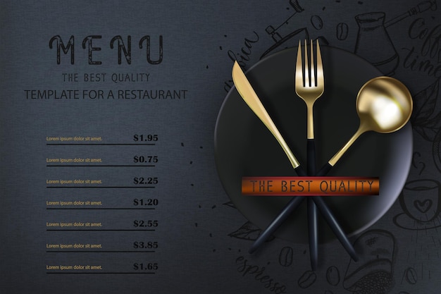 Fourchette et cuillère dorées 3D réalistes sur fond grunge noir Affiche moderne à la mode pour un restaurant Illustration vectorielle vue de dessus