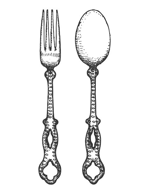 Fourchette Et Cuillère Ensemble D'illustrations Vectorielles De Couverts Antiques