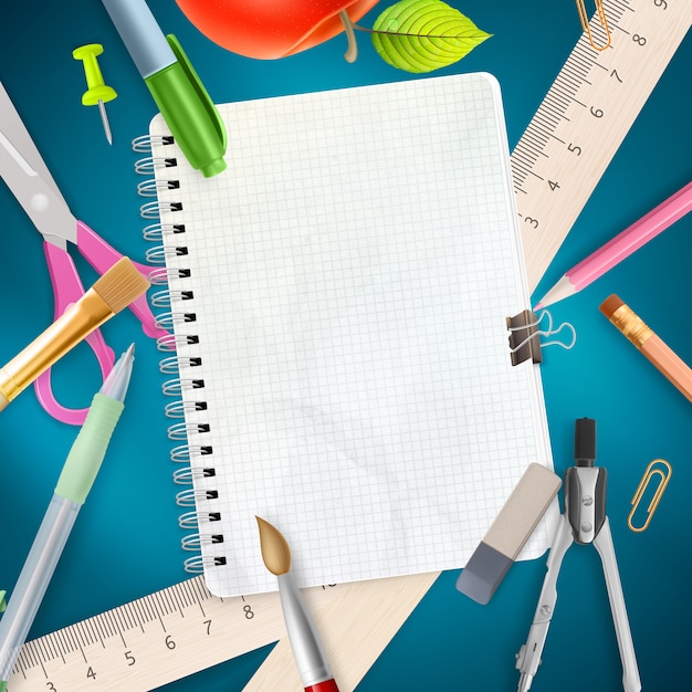 Fournitures de bureau scolaire sur fond bleu