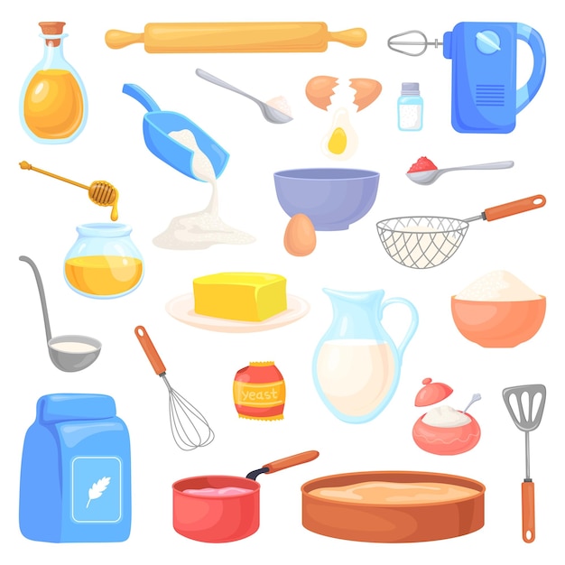 fournitures de cuisson de dessin animé Ingrédients de boulangerie et accessoires de cuisine Vêtements de cuisine Equipement de cuisson pour cuisiner confiserie maison mélangeur de gâteaux dessert illustration vectorielle de farine