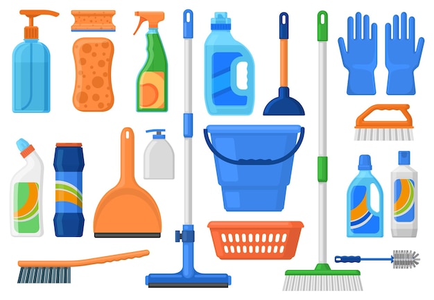 Fournitures ménagères, outils de services de nettoyage et bouteilles de détergent. Fournitures de nettoyage, détergents, brosse, seau et vadrouille vector Illustration définie. Outils de nettoyage de maison
