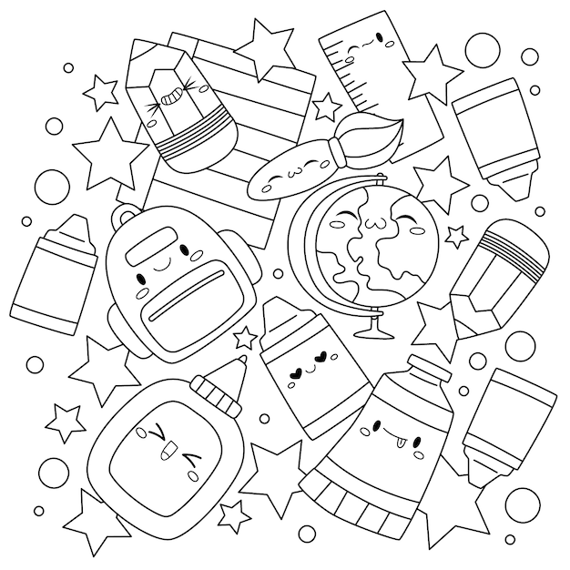 Fournitures scolaires dessinées à la main illustration de livre de coloriage