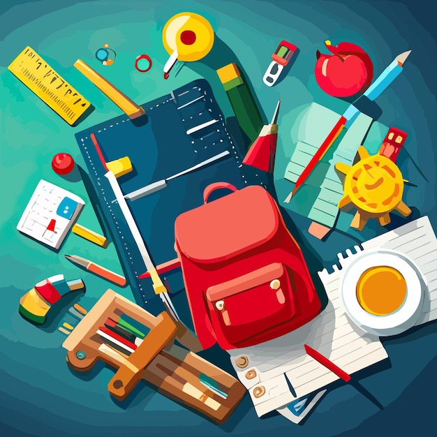 Vecteur fournitures scolaires avec sac à dos rouge et fond de couleur concept de retour à l'école vecteur
