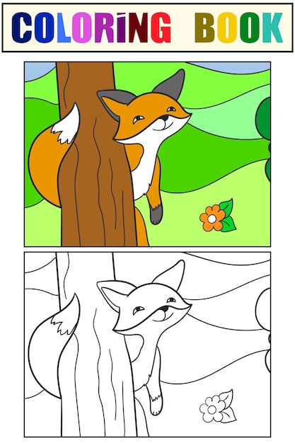 Fox Regarde Derrière L'arbre Ensemble De Livre De Coloriage Et D'image Couleur
