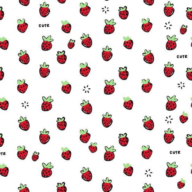 Fraise De Doodle Mignon Dessiné à La Main, Modèle Sans Couture Blanc. Mini Baie Rouge, Nourriture Pour La Cuisine, Papier