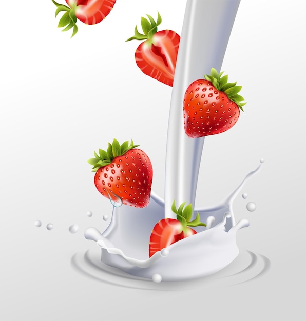 Fraise mûre et un soupçon de lait. Illustration vectorielle 3D.