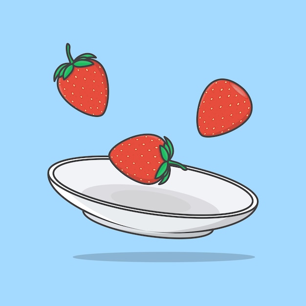 Fraise, Sur, A, Plaque, Dessin Animé, Vecteur, Illustration, Fraise, Fruit, Plat, Icône, Contour