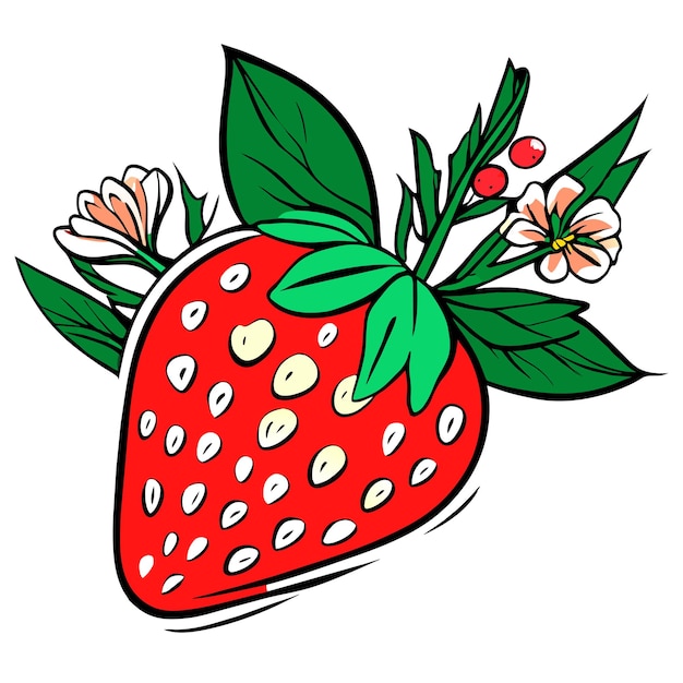 Vecteur des fraises mûres avec des feuilles et des fleurs