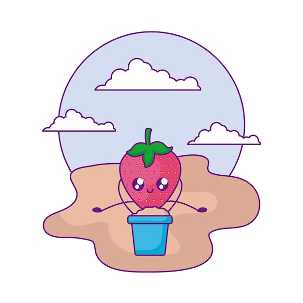 Fraises Et Seau De Sable Sur La Plage Kawaii