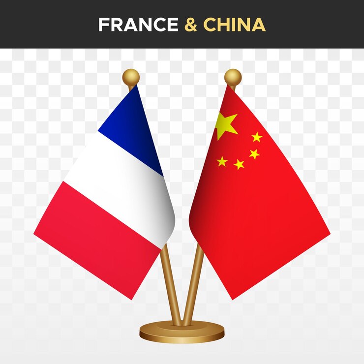 Vecteur français contre chine drapeaux français 3d drapeau de bureau debout isolé sur blanc