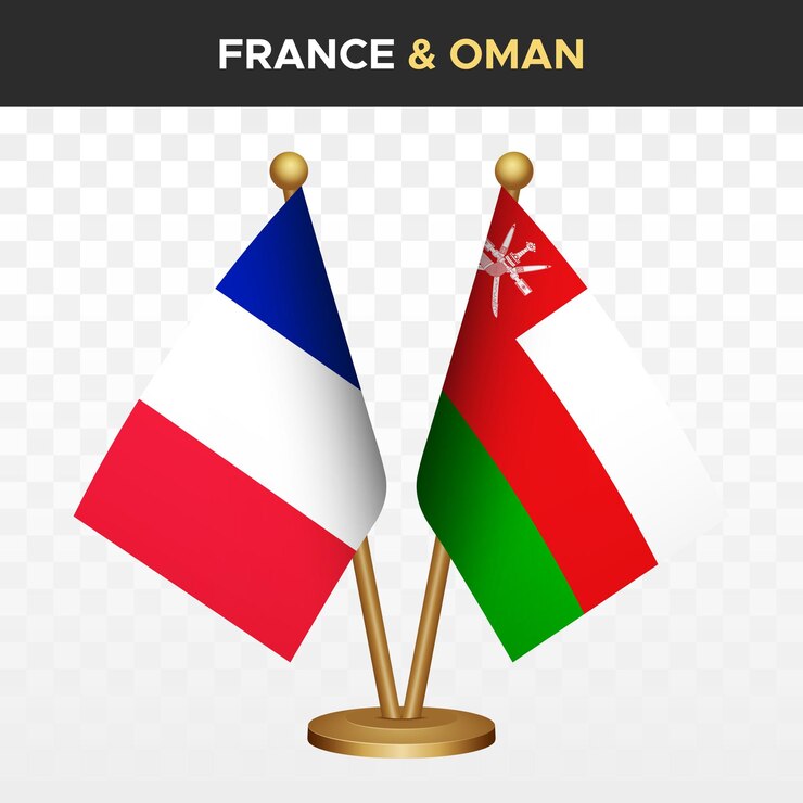 Vecteur français contre oman drapeaux français 3d drapeau de bureau debout isolé sur blanc