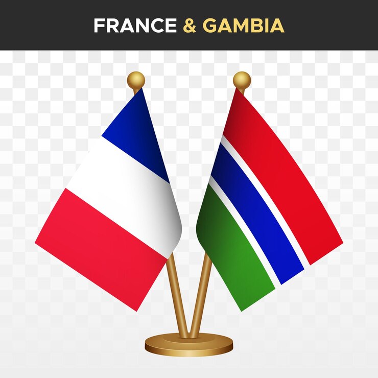 Vecteur france contre la gambie drapeaux français 3d drapeau de bureau debout isolé sur blanc