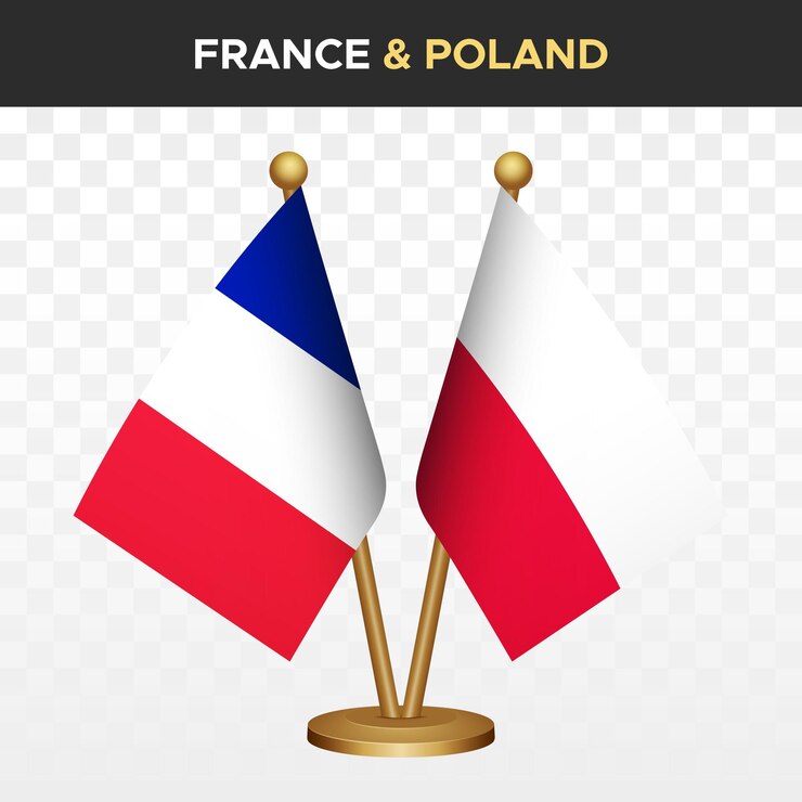 Vecteur france contre pologne drapeaux français 3d drapeau de bureau debout isolé sur blanc