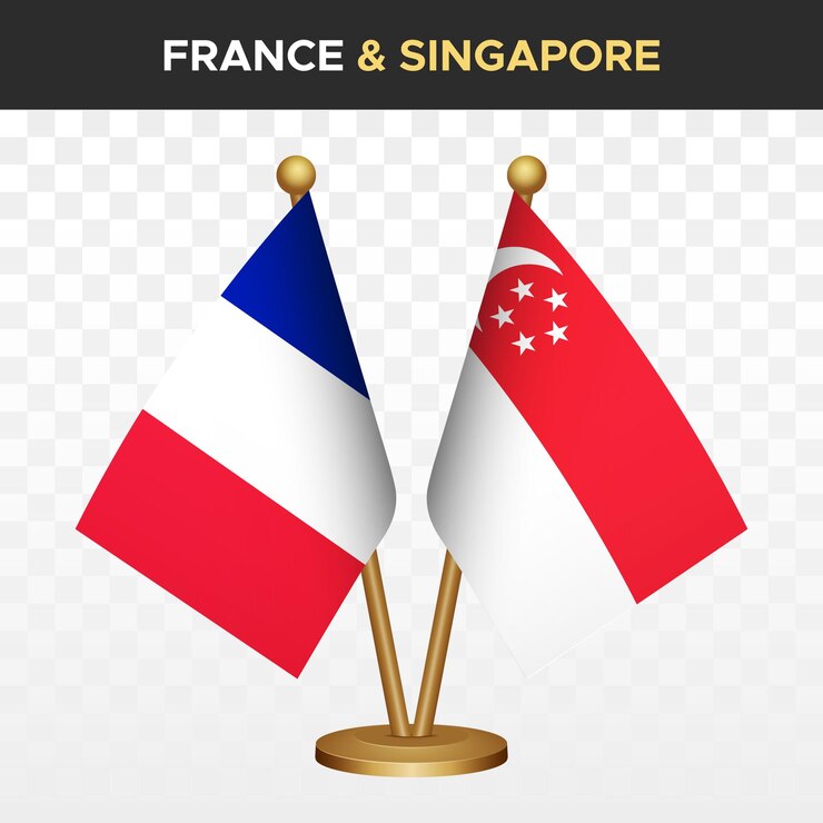 Vecteur france contre singapour drapeaux français 3d drapeau de bureau debout isolé sur blanc
