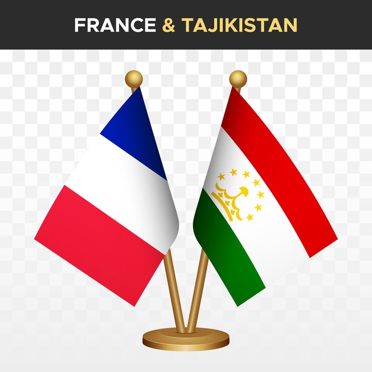 Vecteur la france contre le tadjikistan drapeaux français 3d drapeau de bureau debout isolé sur blanc