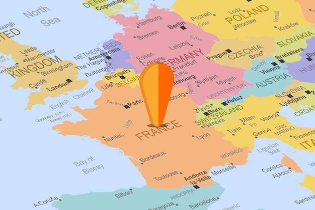 La France Avec L'épingle D'espace Réservé Orange Sur La Carte De L'europe, La France En Gros Plan, Le Concept De Vacances, L'idée De Voyage