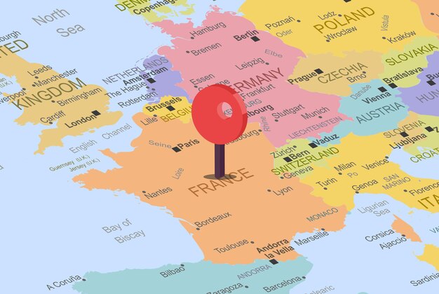 Vecteur france avec espace réservé de localisation rouge sur la carte de l'europe, gros plan france, carte colorée avec icône de localisation
