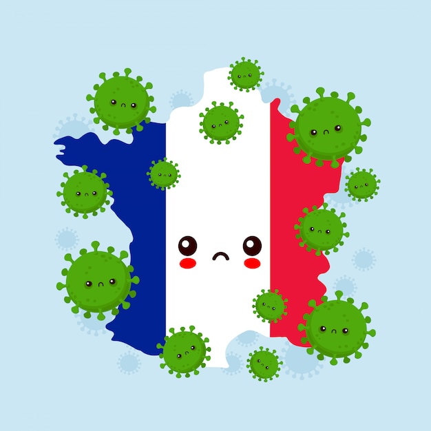 La France Triste Et Mignonne A Attaqué Une Infection à Coronavirus. Illustration De Personnage De Dessin Animé De Style Plat