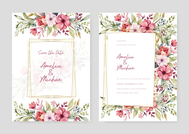 Vecteur frangipani rose modèle de carte d'invitation de mariage élégant avec aquarelle florale et feuilles