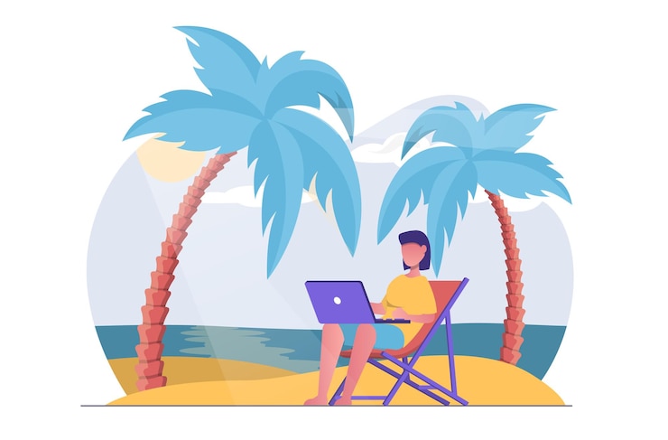 Vecteur freelance femme indépendante sur la plage travaillant sur un ordinateur portable