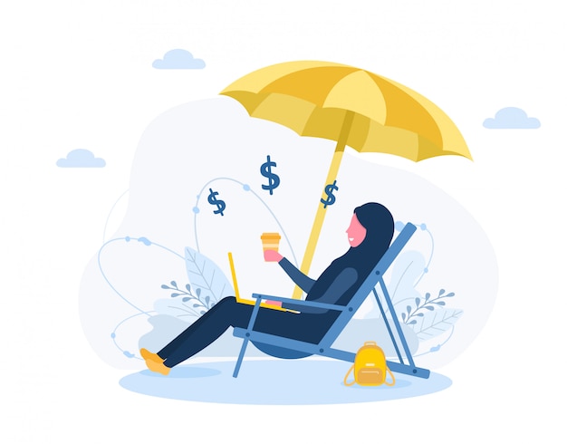 Freelance pour femmes. Fille arabe en hijab avec ordinateur portable assis dans une chaise longue sous un parasol avec du café. Illustration de concept pour travailler à l'extérieur, étudier, communiquer, mode de vie sain.