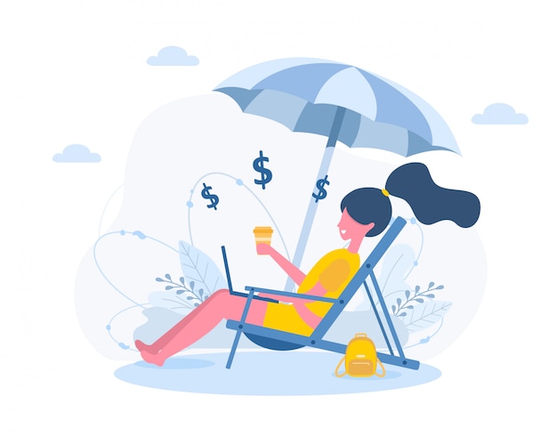 Freelance pour femmes. Fille avec ordinateur portable assis dans une chaise longue sous un parasol avec café. Illustration de concept pour étudier, l'éducation, travailler à l'extérieur, mode de vie sain. dans un style plat.