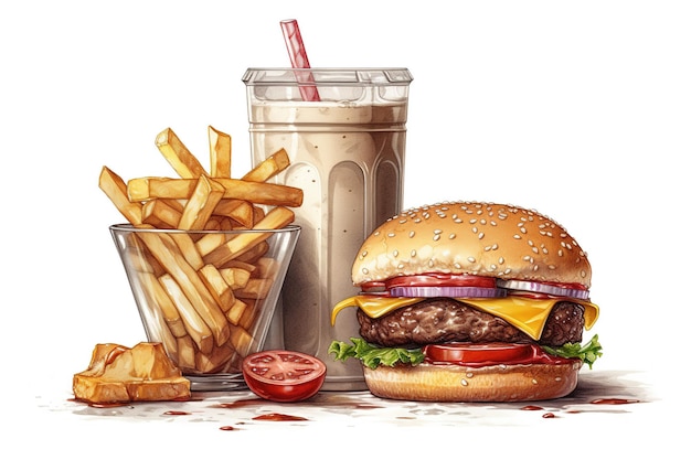 Vecteur fresh burger vector illustration street food restauration rapide big burger et frites sur blanc