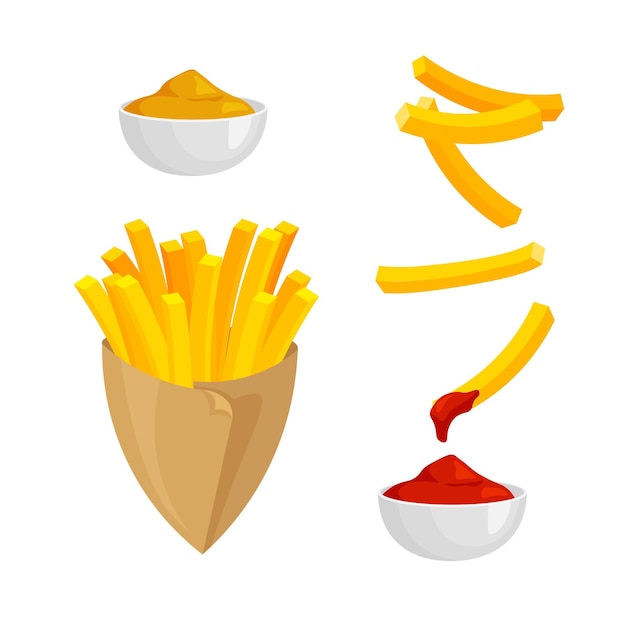 Frites Dans Une Boîte En Papier Pommes De Terre Frites Avec Trempette à La Moutarde Au Ketchup Vecteur De Restauration Rapide