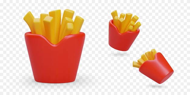 Frites dans un sac en papier rouge Ensemble d'images 3D dans différentes positions