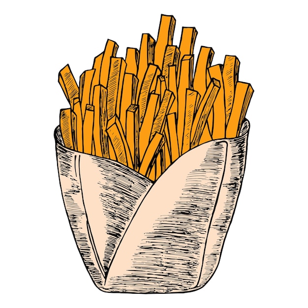 Frites françaises frites dans une boîte d'emballage rouge Restauration rapide Illustration de vecteur de dessin animé dessinée à la mainPour le logo