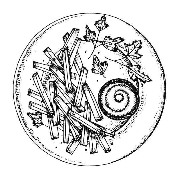 Vecteur frites et sauce sur une assiette vecteur dessin à la main isolé