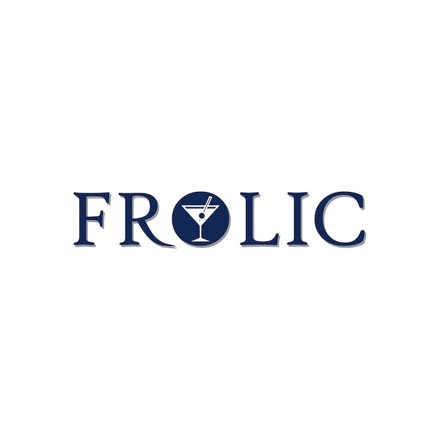 Frolic Logo Concept Cafe Bar Logo Design Template Boîte de nuit Boisson Verre Icône Mot-symbole bleu Fond blanc