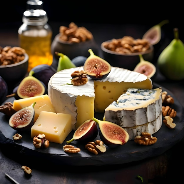 Fromage, miel, noix, pain et figues sur une planche de bois de cuisine à découper, arrière-plan flou